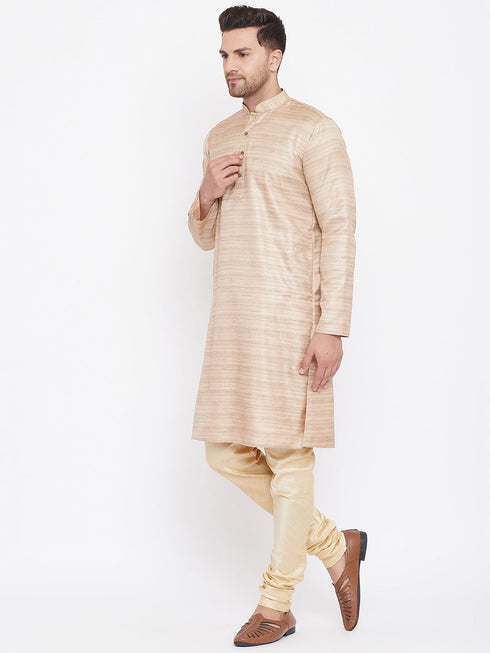 Vastramay Men's Beige And Gold Silk Blend Kurta Pyjama Set